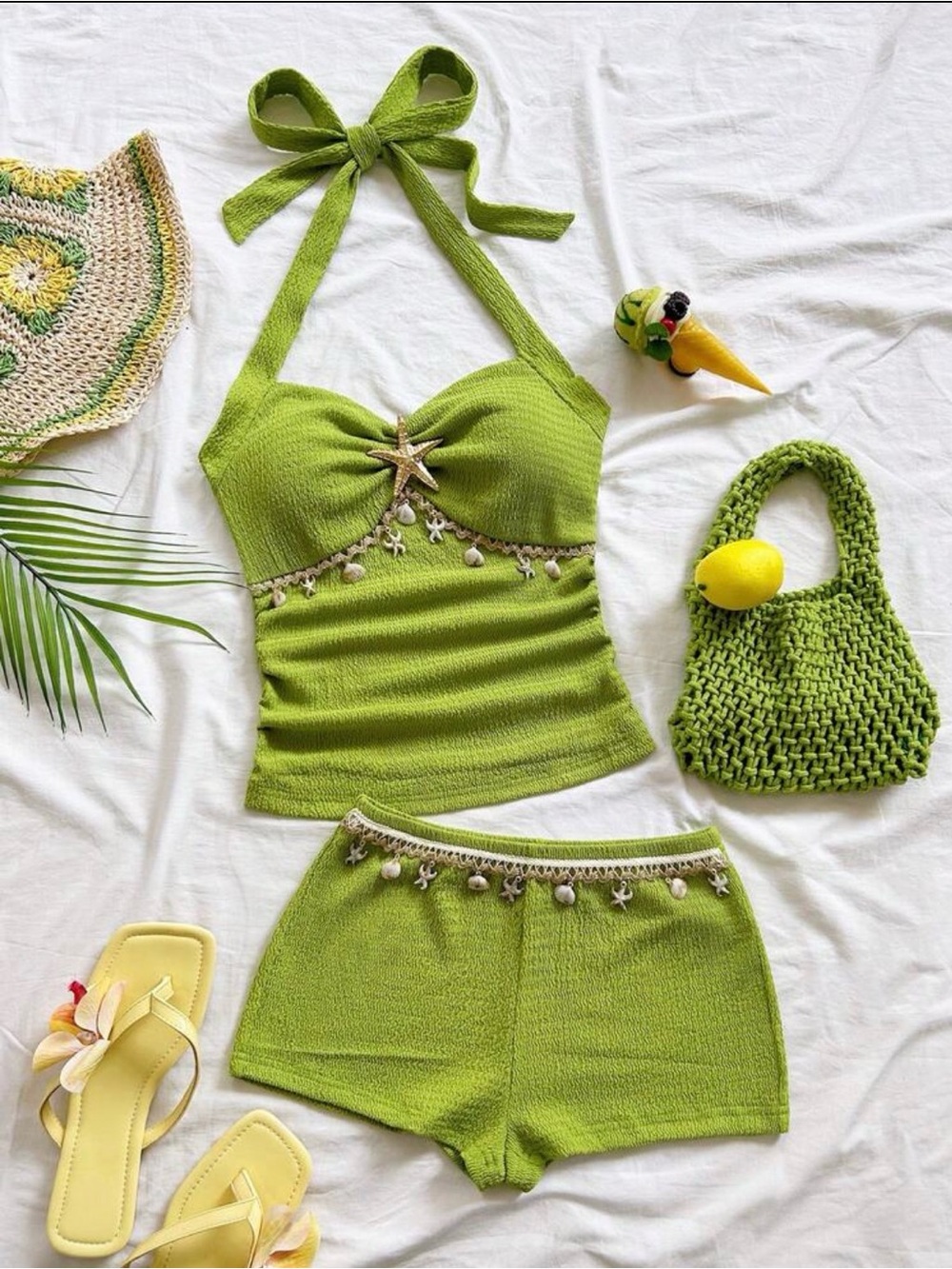 Summer Green Halter Set with Shell Trim
